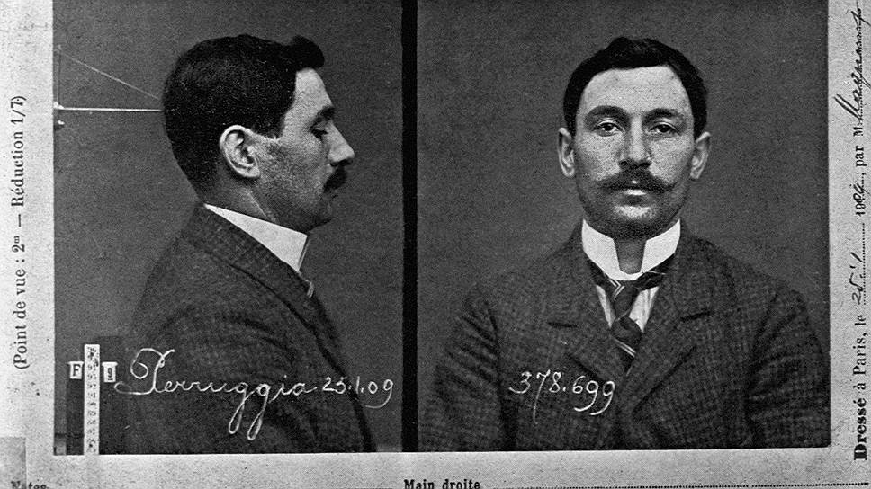 Картина была найдена в 1913 году, когда похититель, итальянец Винченцо Перруджио (на фото), попытался продать ее торговцу антиквариатом. Перруджио утверждал, что хотел вернуть полотно Италии — в виде компенсации за мародерство Наполеона. Преступление работавший в Лувре маляром Перруджио совершил, воспользовавшись случаем: увидев, что в зале, где висит картина, никого нет, он снял ее, затем избавился от рамы и вынес полотно из музея, спрятав под заляпанный краской халат