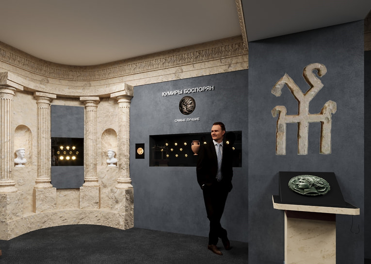 Визуализация экспозиции выставки «Боги. Цари. Варвары. Монеты Боспорского царства»