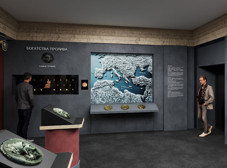 Визуализация экспозиции выставки «Боги. Цари. Варвары. Монеты Боспорского царства»