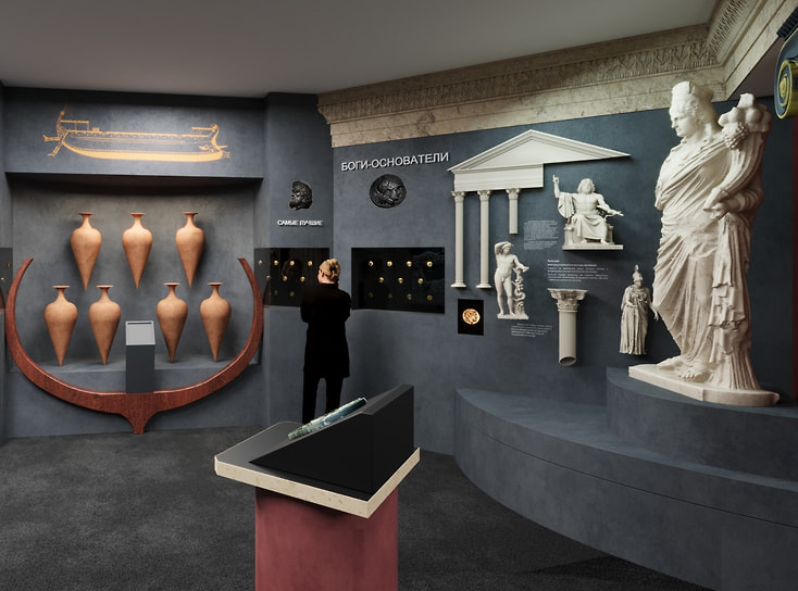 Визуализация экспозиции выставки «Боги. Цари. Варвары. Монеты Боспорского царства»