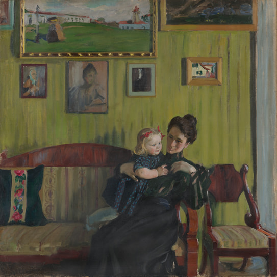 Борис Кустодиев. «Портрет жены художника Ю. Е. Кустодиевой с дочерью Ириной», 1908