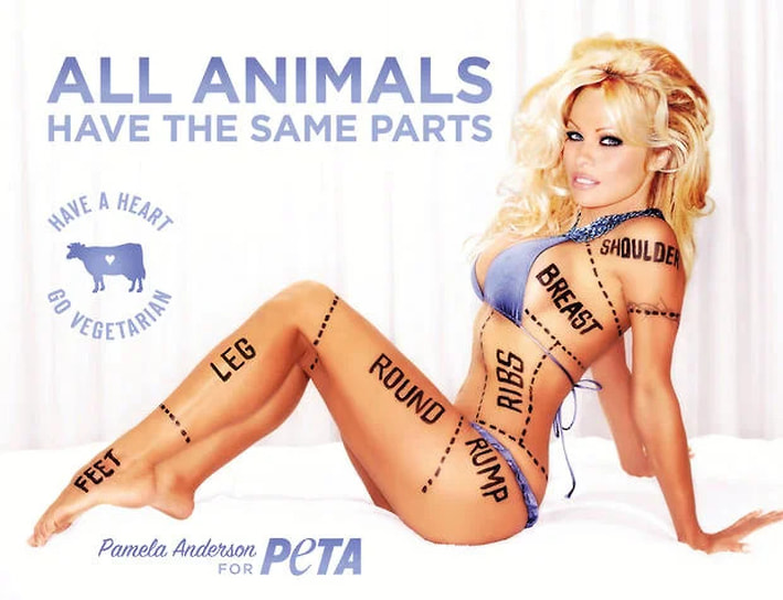В рекламе некоммерческой организации PETA Памела Андерсон продемонстрировала, что у всех животных одинаковые части тела, 2010 год