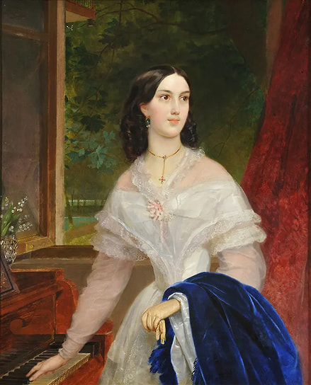 Карл Брюллов. «Портрет молодой женщины у фортепьяно», 1838. На картине изображена Эмилия Тимм, дочь рижского бургомистра, с которой у Брюллова случился краткосрочный брак