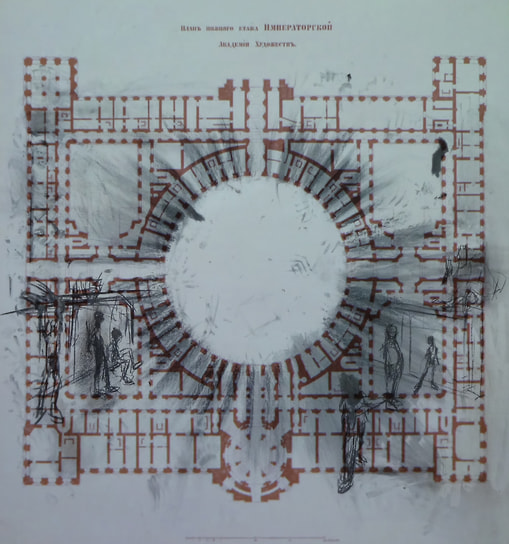 План Академии художеств с рисунками Леонида Цхэ на стене, 2018