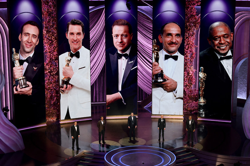 Слева направо: актеры Николас Кейдж, Мэттью Макконахи, Брендан Фрейзер, Бен Кингсли и Форест Уитакер представляют номинантов на премию «Оскар» за «Лучшую мужскую роль» в 2024 году